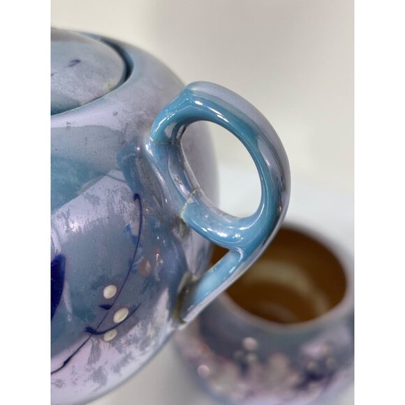 Vtg 30s Blue Ceramic Creamer Sugar Bowl Set Cherry Blossom Lusterware Japan‎ - Picture 10 of 11